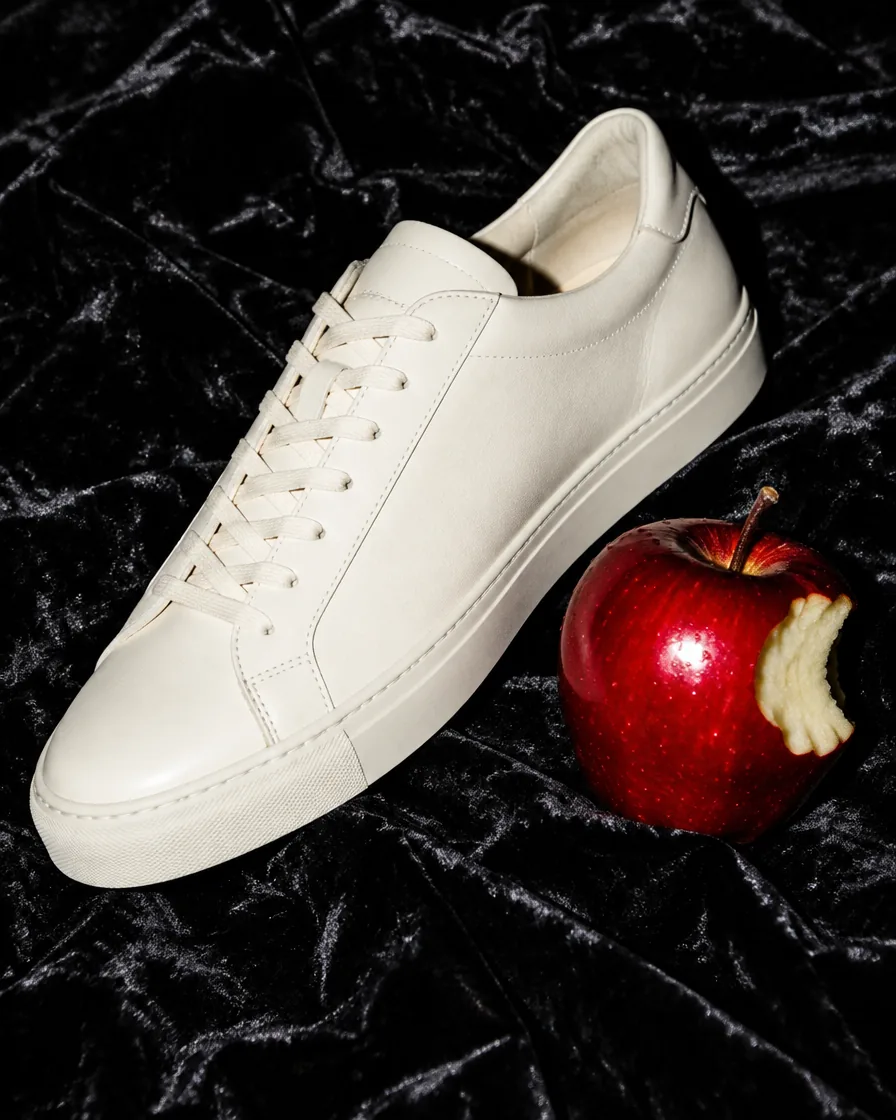 TALO Uno blanca junto a una manzana roja mordida sobre terciopelo negro